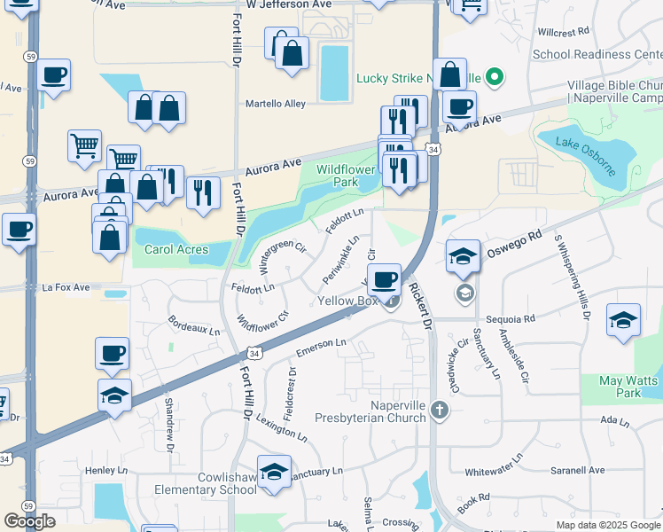 map of restaurants, bars, coffee shops, grocery stores, and more near 2147 Periwinkle Lane in Naperville