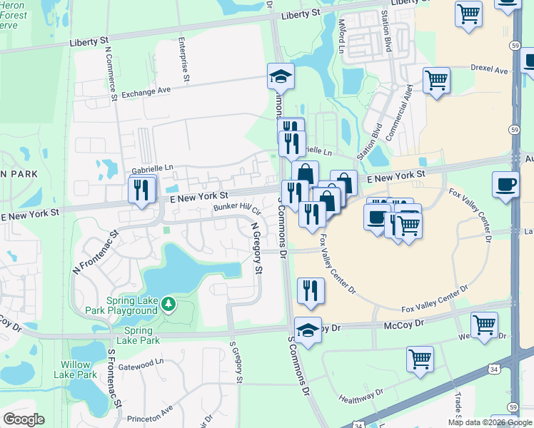 map of restaurants, bars, coffee shops, grocery stores, and more near 432 Valley Forge Court in Aurora