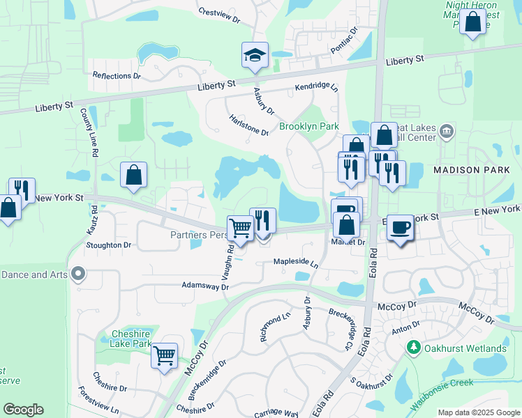 map of restaurants, bars, coffee shops, grocery stores, and more near 446 Vaughn Circle in Aurora