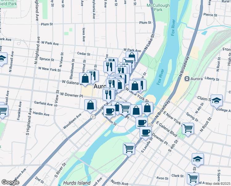 map of restaurants, bars, coffee shops, grocery stores, and more near 205 West Galena Boulevard in Aurora