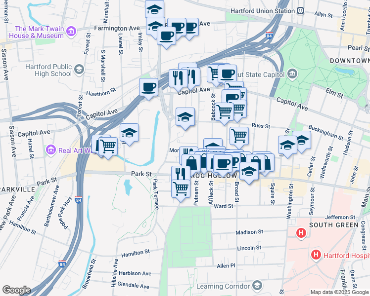 map of restaurants, bars, coffee shops, grocery stores, and more near 16 Mortson Street in Hartford
