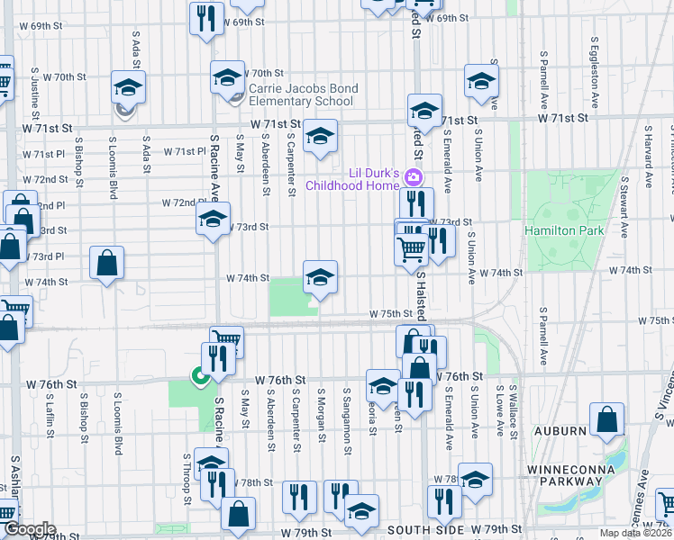 map of restaurants, bars, coffee shops, grocery stores, and more near 7354 South Sangamon Street in Chicago