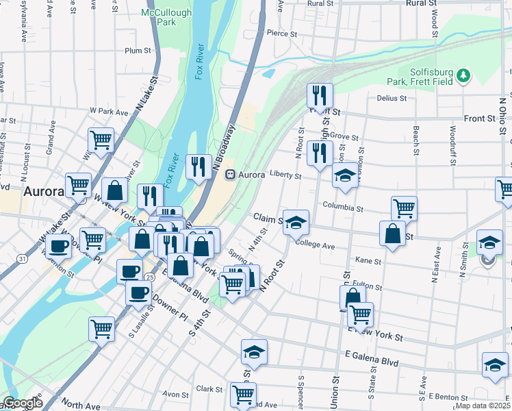 map of restaurants, bars, coffee shops, grocery stores, and more near 211 North Lincoln Avenue in Aurora