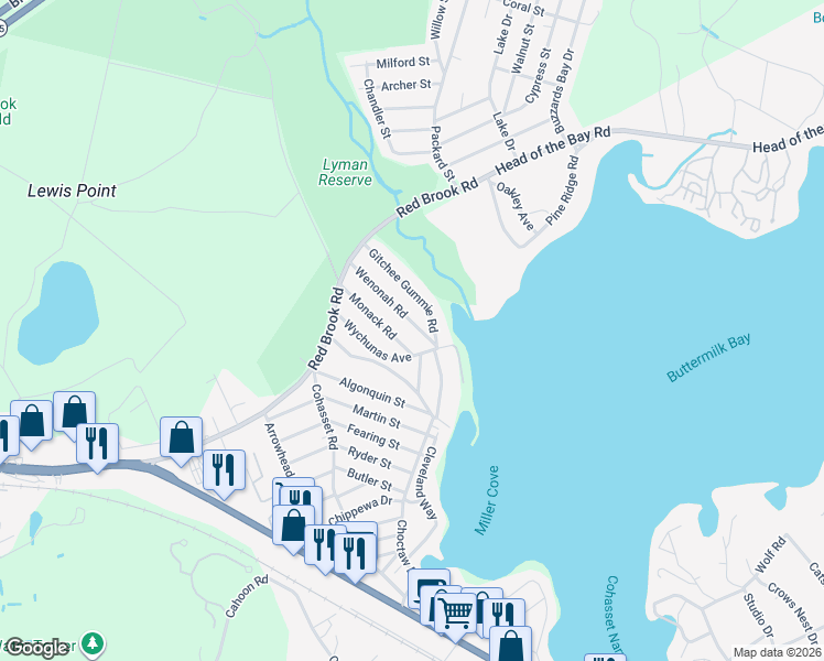 map of restaurants, bars, coffee shops, grocery stores, and more near 14 Wenonah Road in Wareham