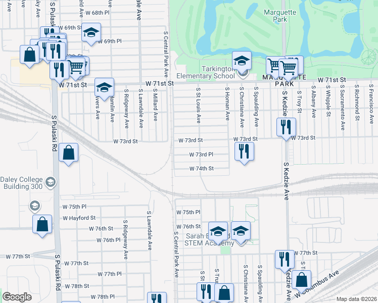 map of restaurants, bars, coffee shops, grocery stores, and more near 3522 West 73rd Place in Chicago
