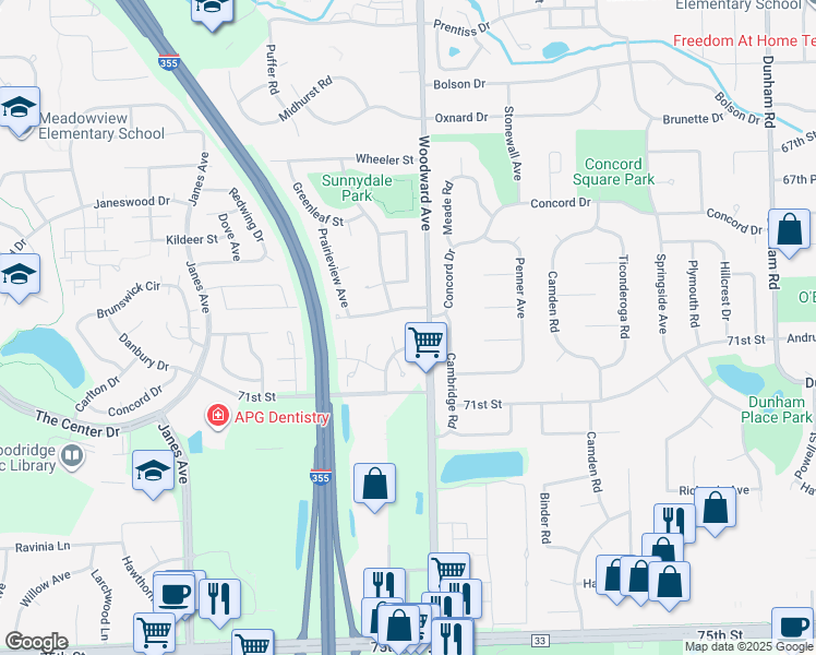 map of restaurants, bars, coffee shops, grocery stores, and more near 7010 Barrington Court in Woodridge