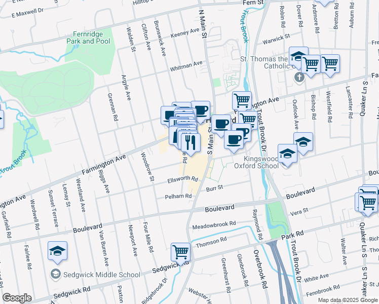map of restaurants, bars, coffee shops, grocery stores, and more near 62 LaSalle Road in West Hartford
