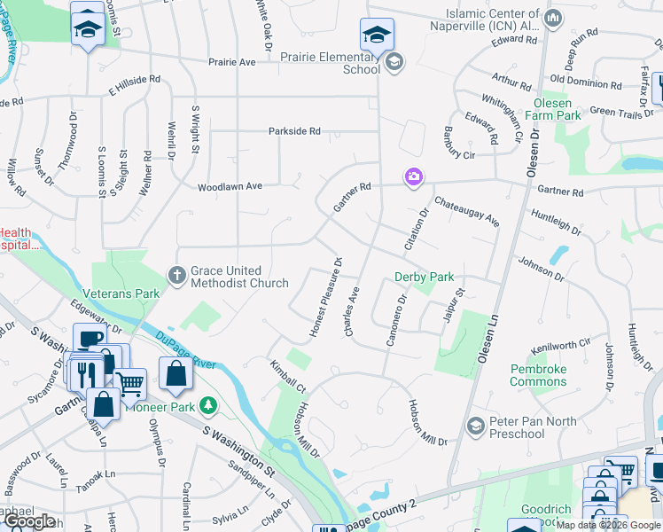 map of restaurants, bars, coffee shops, grocery stores, and more near 705 Cavalcade Circle in Naperville