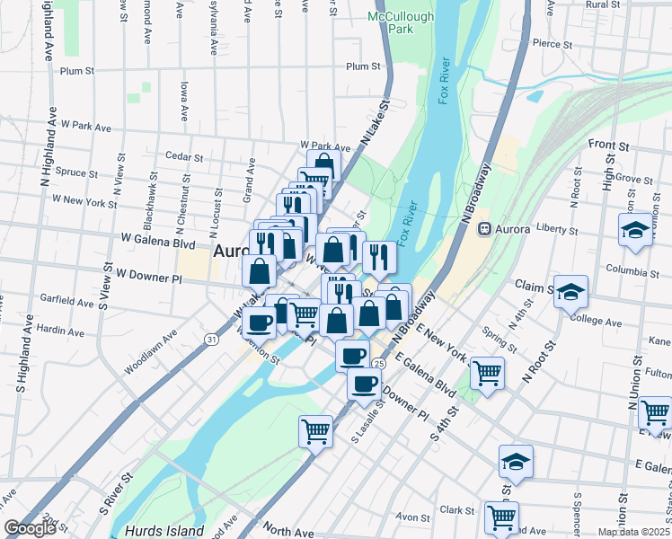 map of restaurants, bars, coffee shops, grocery stores, and more near 101 North River Street in Aurora