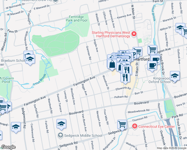 map of restaurants, bars, coffee shops, grocery stores, and more near 4 Grennan Road in West Hartford