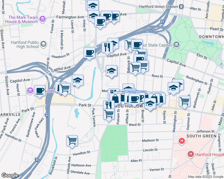 map of restaurants, bars, coffee shops, grocery stores, and more near 14 Mortson Street in Hartford