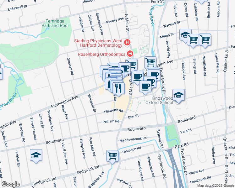 map of restaurants, bars, coffee shops, grocery stores, and more near 62 LaSalle Road in West Hartford