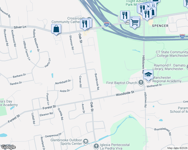map of restaurants, bars, coffee shops, grocery stores, and more near 51 Burnbrook Road in East Hartford