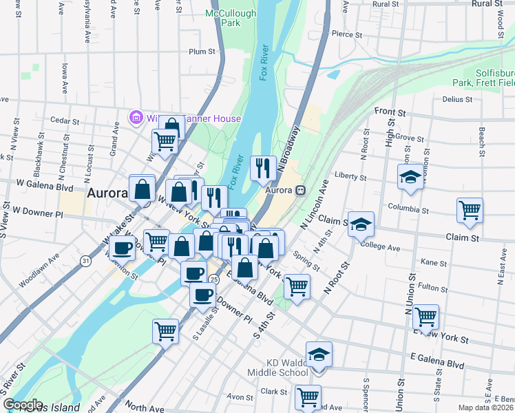 map of restaurants, bars, coffee shops, grocery stores, and more near 100 North Broadway in Aurora