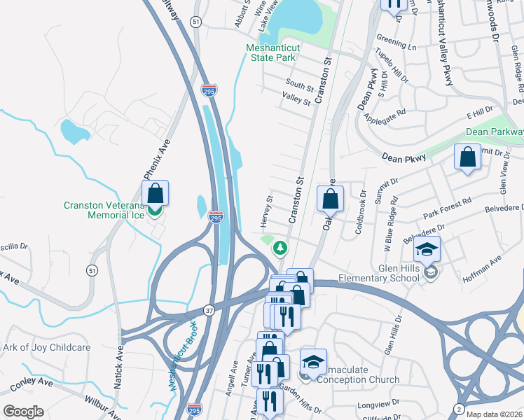 map of restaurants, bars, coffee shops, grocery stores, and more near 29 Hervey St in Cranston