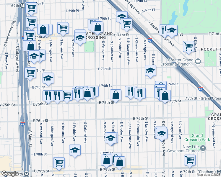 map of restaurants, bars, coffee shops, grocery stores, and more near 7407 South Vernon Avenue in Chicago