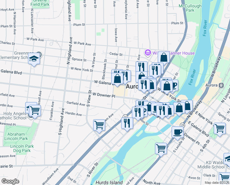 map of restaurants, bars, coffee shops, grocery stores, and more near 30 South Chestnut Street in Aurora