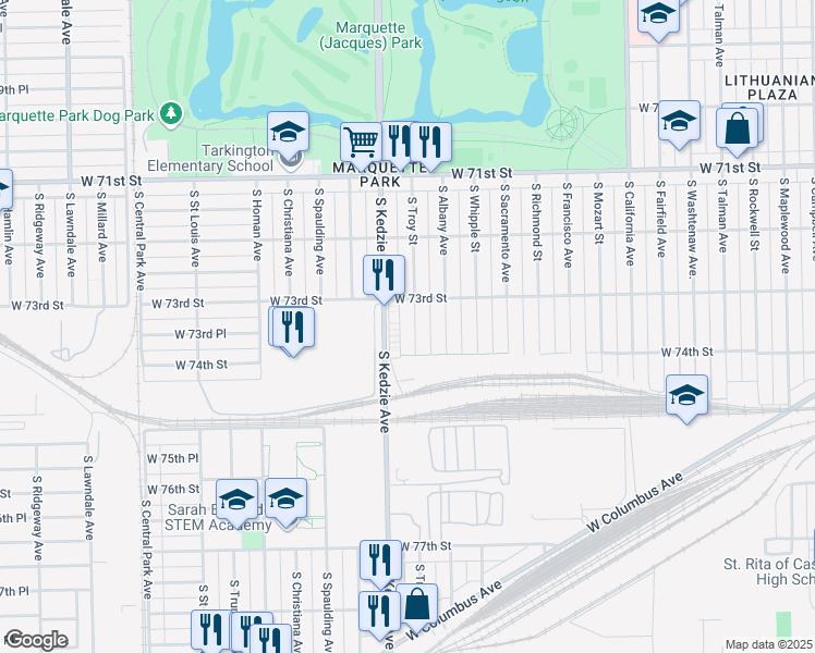 map of restaurants, bars, coffee shops, grocery stores, and more near 7326 South Troy Street in Chicago