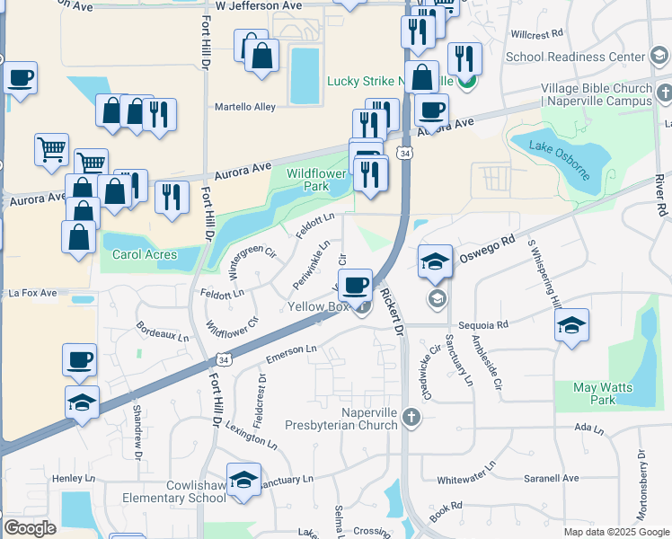 map of restaurants, bars, coffee shops, grocery stores, and more near 752 Violet Circle in Naperville