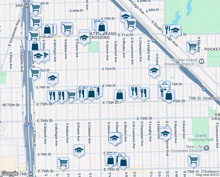 map of restaurants, bars, coffee shops, grocery stores, and more near 7407 South Vernon Avenue in Chicago