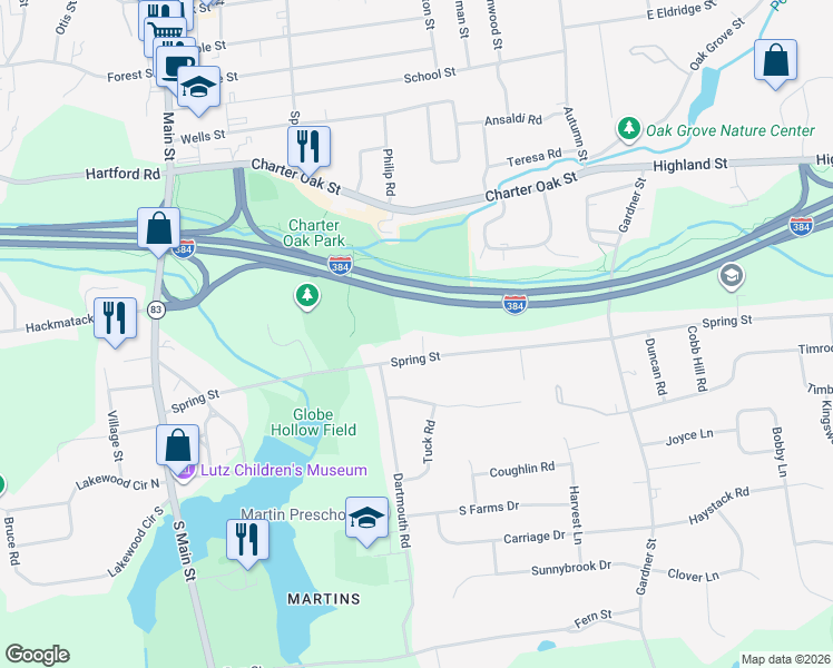 map of restaurants, bars, coffee shops, grocery stores, and more near 215 Spring Street in Manchester