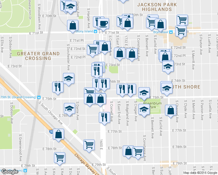 map of restaurants, bars, coffee shops, grocery stores, and more near 1616 East 74th Place in Chicago