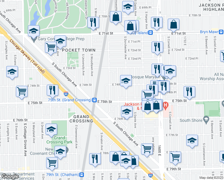 map of restaurants, bars, coffee shops, grocery stores, and more near 7415 South Kimbark Avenue in Chicago