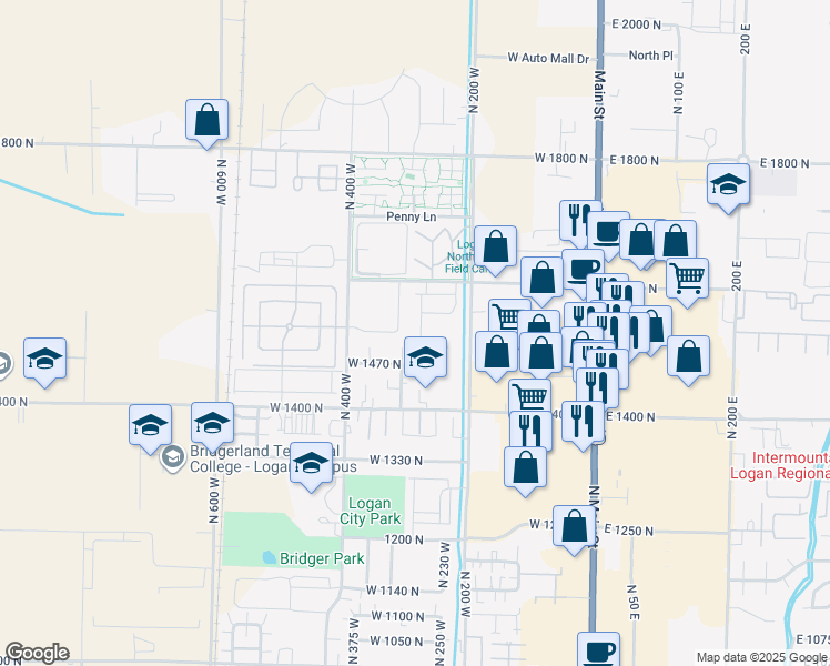 map of restaurants, bars, coffee shops, grocery stores, and more near 1519 North 280 West in Logan