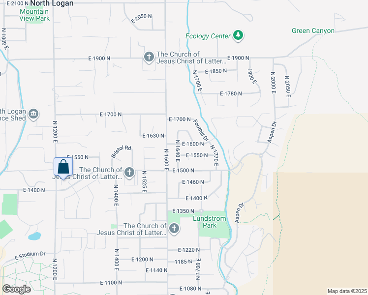 map of restaurants, bars, coffee shops, grocery stores, and more near 1664 East 1600 North in Logan