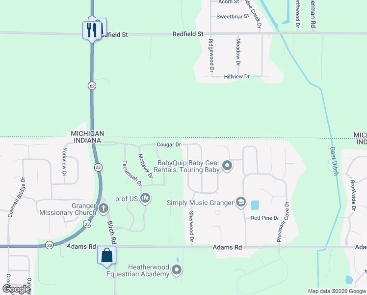 map of restaurants, bars, coffee shops, grocery stores, and more near 50541 King Richards Way in Granger