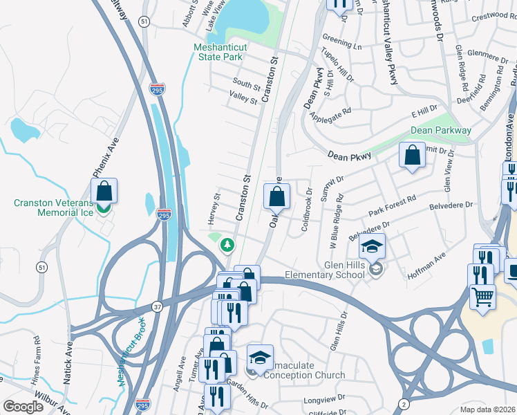 map of restaurants, bars, coffee shops, grocery stores, and more near 30 Fernbrook Court in Cranston