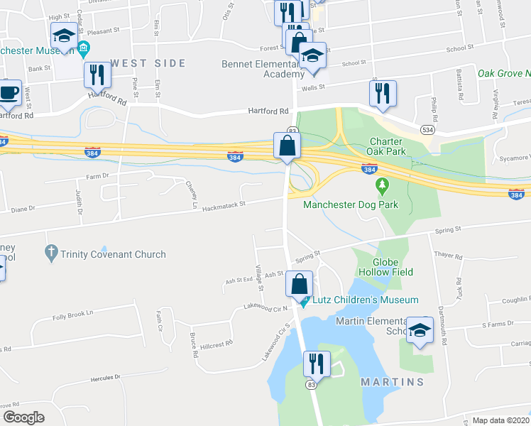 map of restaurants, bars, coffee shops, grocery stores, and more near 14 1/2 Hackmatack Street in Manchester