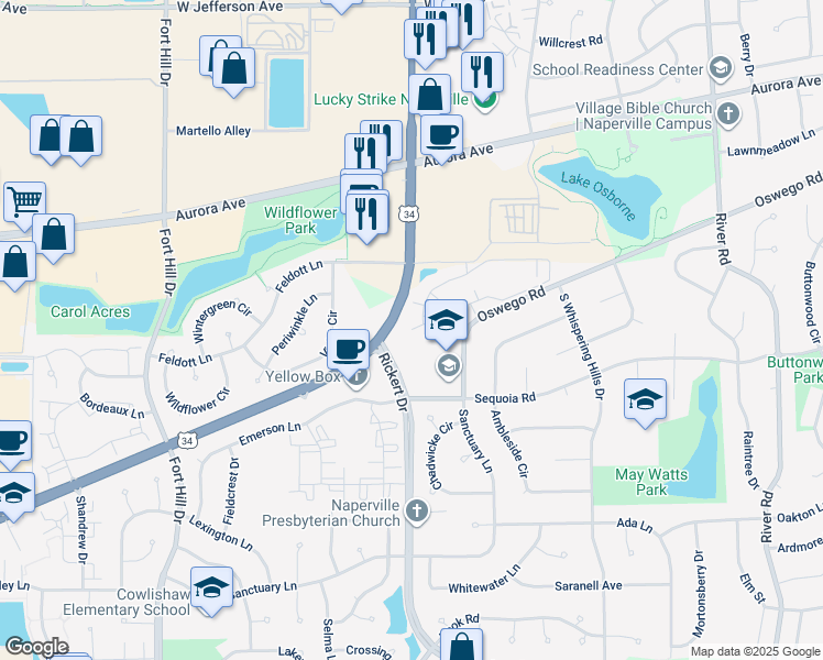 map of restaurants, bars, coffee shops, grocery stores, and more near 1598 Watkins Lane in Naperville