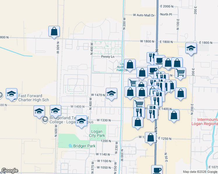 map of restaurants, bars, coffee shops, grocery stores, and more near 1519 North 280 West in Logan