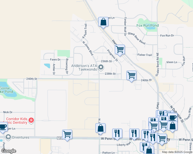 map of restaurants, bars, coffee shops, grocery stores, and more near 1302 Logan Court in North Liberty