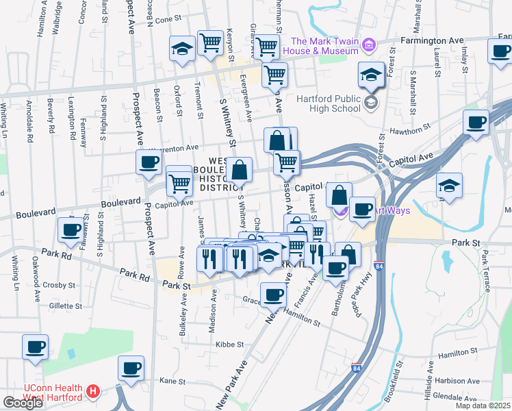 map of restaurants, bars, coffee shops, grocery stores, and more near 90 Chadwick Avenue in Hartford