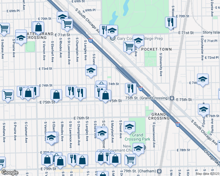 map of restaurants, bars, coffee shops, grocery stores, and more near 7414 South Maryland Avenue in Chicago