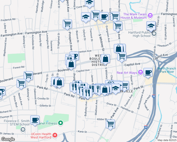 map of restaurants, bars, coffee shops, grocery stores, and more near 1069 Capitol Avenue in Hartford