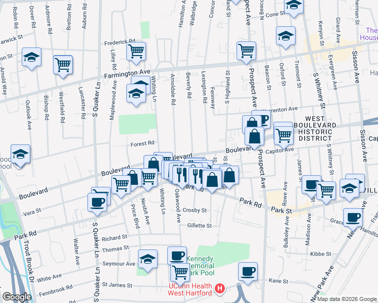 map of restaurants, bars, coffee shops, grocery stores, and more near 77 Beverly Road in West Hartford