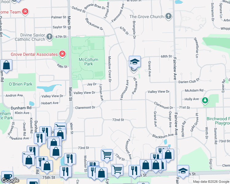 map of restaurants, bars, coffee shops, grocery stores, and more near 6933 Valley View Drive in Downers Grove