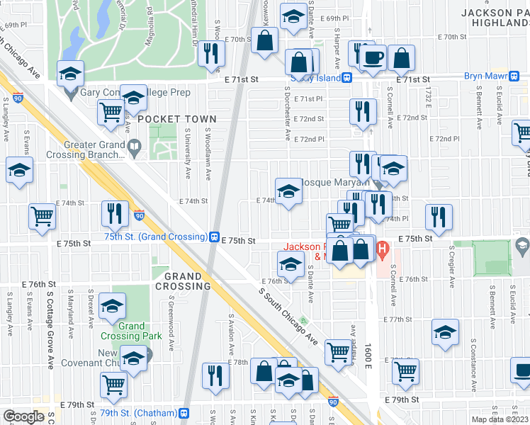 map of restaurants, bars, coffee shops, grocery stores, and more near 7418 South Kenwood Avenue in Chicago