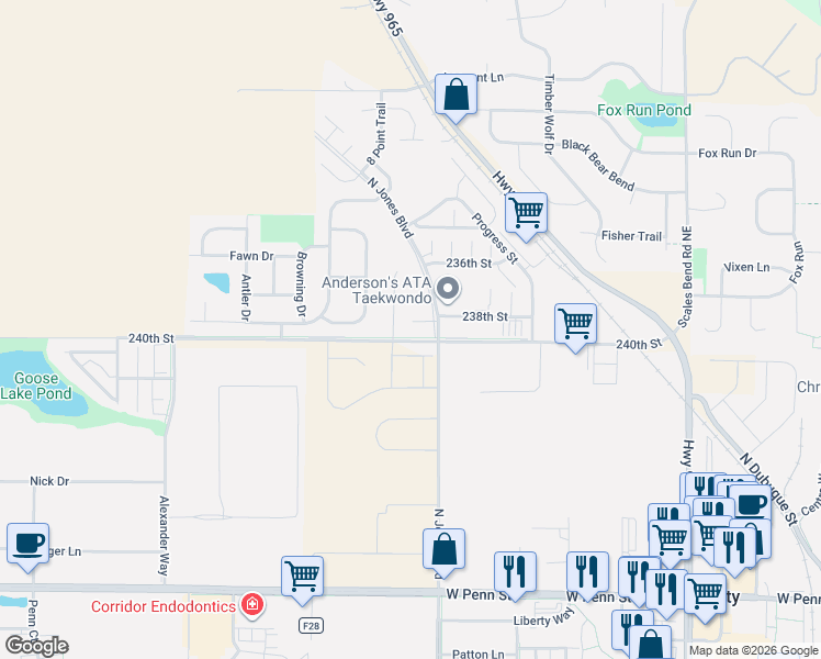 map of restaurants, bars, coffee shops, grocery stores, and more near 1834 240th Street in North Liberty