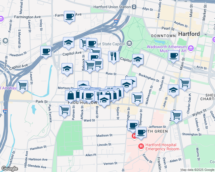 map of restaurants, bars, coffee shops, grocery stores, and more near 124 Hungerford Street in Hartford