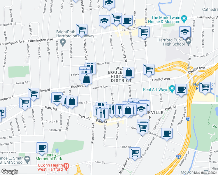 map of restaurants, bars, coffee shops, grocery stores, and more near 1063 Capitol Avenue in Hartford