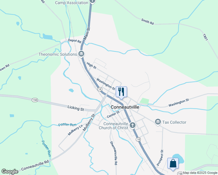 map of restaurants, bars, coffee shops, grocery stores, and more near 52959 Washington Street in Conneautville