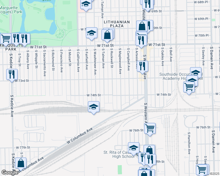 map of restaurants, bars, coffee shops, grocery stores, and more near 7332 S Rockwell St in Chicago