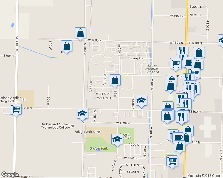 map of restaurants, bars, coffee shops, grocery stores, and more near 1520 North 460 West in Logan