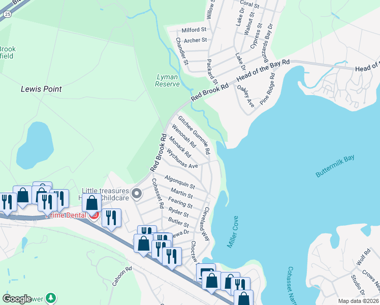 map of restaurants, bars, coffee shops, grocery stores, and more near 14 Wenonah Road in Wareham