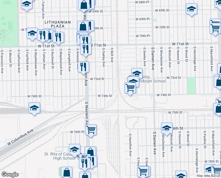 map of restaurants, bars, coffee shops, grocery stores, and more near 7336 South Bell Avenue in Chicago