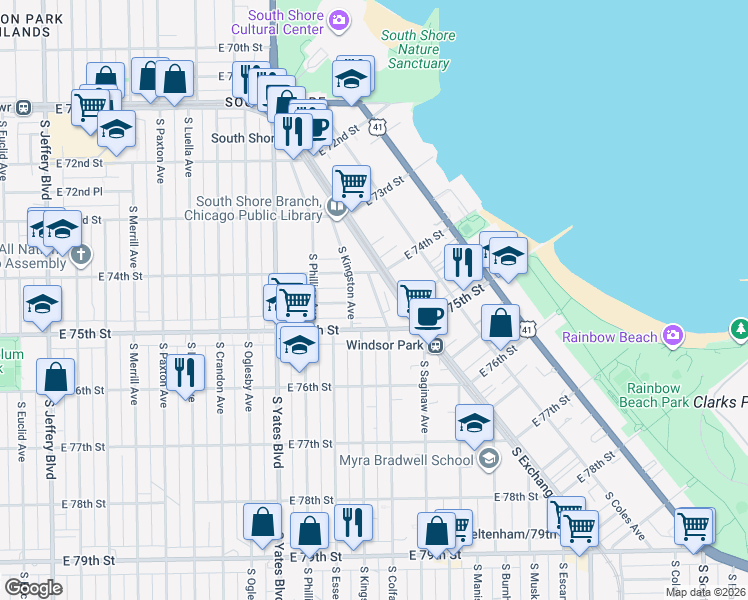 map of restaurants, bars, coffee shops, grocery stores, and more near 7428 South Colfax Avenue in Chicago